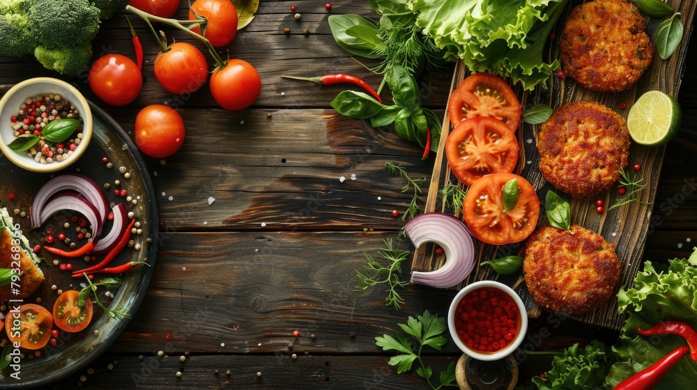 Poster a diverse selection of food items displayed on a wooden table, perfect for culinary concepts