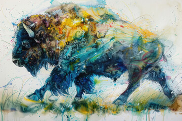 A painting featuring a bison moving through a grassy field