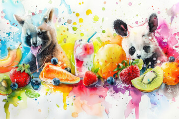 A painting depicting two kangaroos surrounded by various fruits