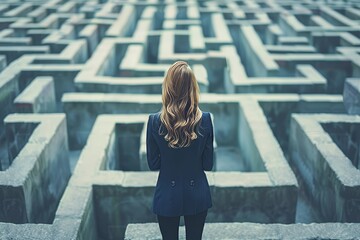 Businesswoman in maze, seeking solutions, overcoming challenges and finding the right path out