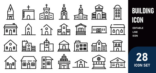 Building Line Editable Icons set. Line Vector illustration in modern thin line style of types of residential and public buildings condo, government, school, church, e.c.t. Isolated on white