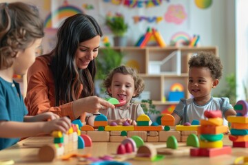 Preschool teacher engaging children in play with vibrant educational wooden toys