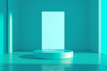 Elegant Empty Room Interior with a Blank Stand on a Turquoise Background, Perfectly Illuminated for Product Presentation