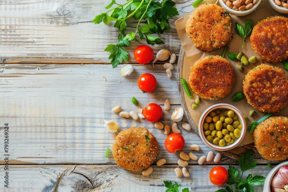 Aufkleber a collection of different types of food displayed on a wooden table. suitable for food blogs or rest