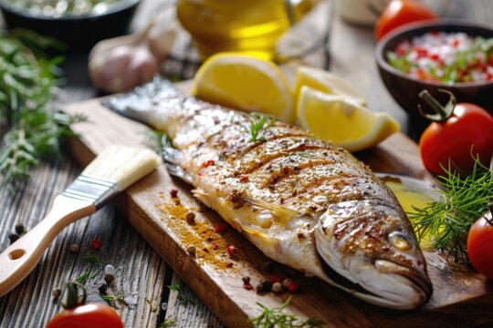 A fish sitting on a cutting board, ideal for food preparation concepts