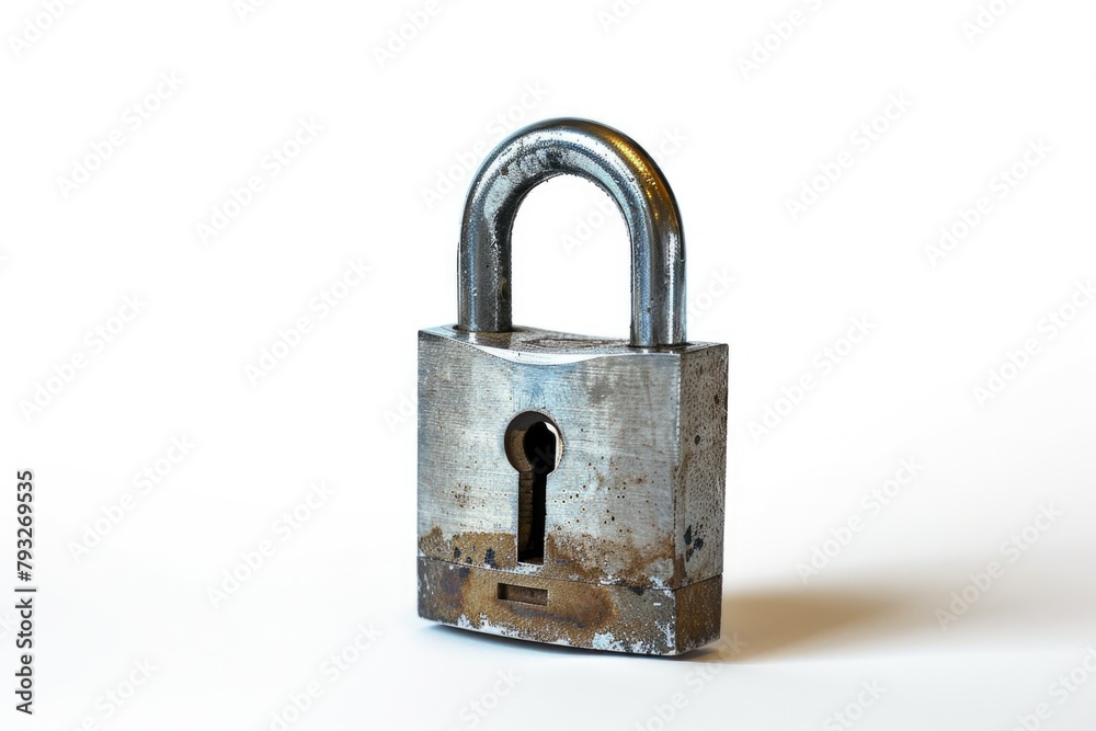 Poster a metal padlock on a plain white surface. suitable for security concepts