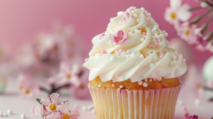 A cupcake with white frosting and pink sprinkles. Ideal for bakery or dessert concepts
