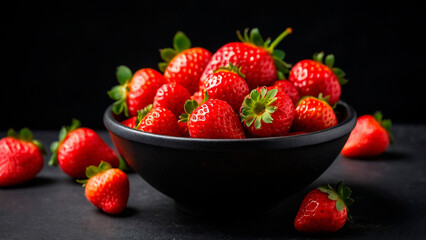 black bowl filled with strawberries on a black felt background
