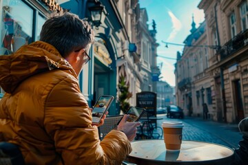 Politician reading news on smartphone at city cafe while enjoying morning coffee