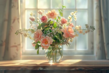 A vase of flowers on a table by a window, suitable for home decor