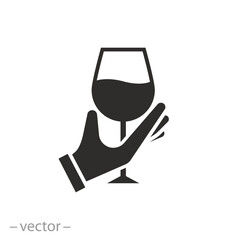 hand holding alcohol drink icon, tasting wine or sommelier, winery expert, flat symbol on white background - vector illustration
