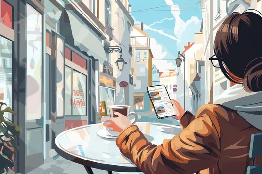 Woman reading news on mobile app, man drinking coffee and browsing latest internet news in city cafe