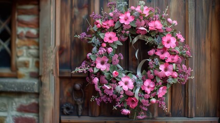 Fototapeta na wymiar Close-up of a pink flower and greenery wreath adorning a door