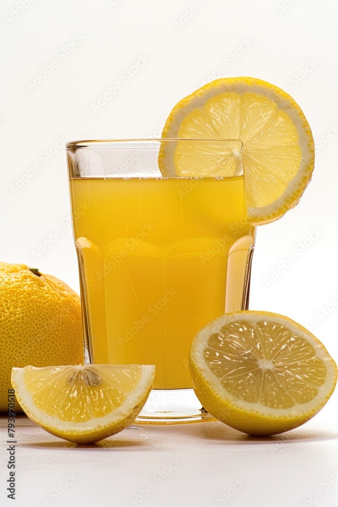 Sticker Glass of orange juice with fresh lemon slices, perfect for summer menus