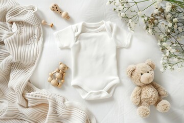 Fototapeta na wymiar Gender neutral newborn bodysuit mockup with eco-friendly toys and teddy bear on pastel background