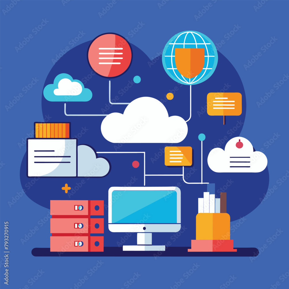 Poster desktop computer in the center with various cloud computing icons floating around it, problems with 
