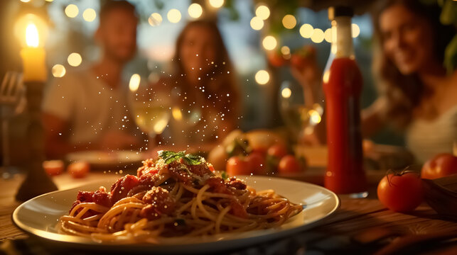 Illustration of happy friendly family eating dinner together, high detailed spaghetti, placeholder for a bottle of ketchup on the table