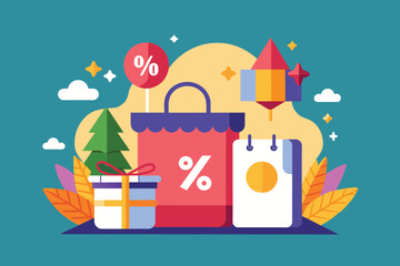 A shopping bag displaying a percentage sign emblem, indicating a discount or promotion, Product discount promotion advertisement, Simple and minimalist flat Vector Illustration