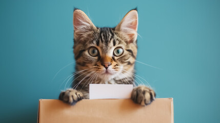 Cat putting ballot into voting box on blue background