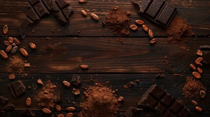 Cocoa powder, beans and chocolate bar pieces on dark wooden background - obrazy, fototapety, plakaty