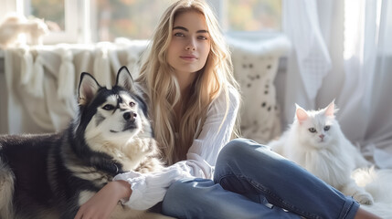 A beautiful young woman with blonde hair in jeans and a white shirt is sitting on the floor. A black husky dog and white cat are lying next to her