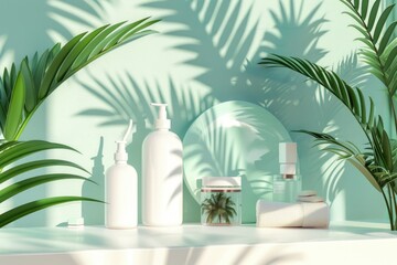 A shelf with a mirror, bottles, and towels. Perfect for bathroom decor ideas