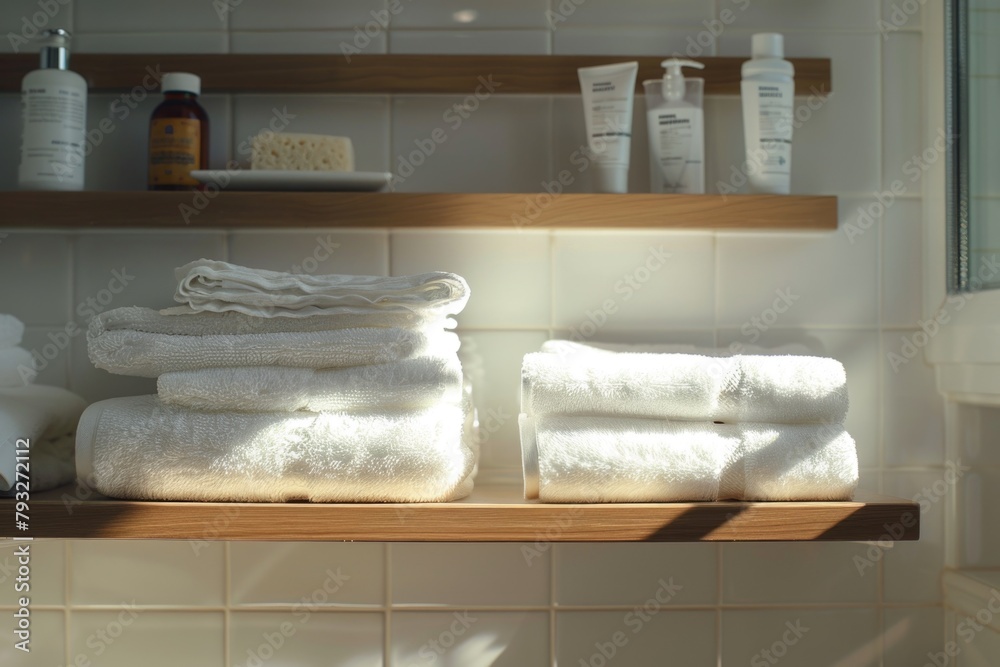 Poster A bathroom shelf with neatly folded towels and various soaps. Ideal for bathroom and spa concepts