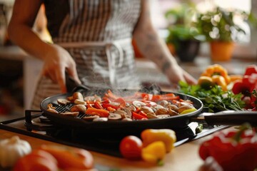 Person cooking food on a grill in a kitchen. Suitable for food and cooking concepts