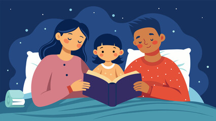 A sweet drawing of a parent reading aloud to their children before bedtime as they all cuddle under the covers and anticipate the upcoming book