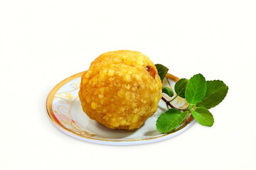 Indian gujarati traditional home made festival Sweet Motichoor laddoo Also Know in india as Bundi Laddu,Motichur,Boondis laddu,cury laddoo for offering to god,white background