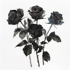 Three Black Roses on White Background