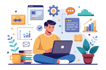 Fototapeta premium A man sitting on the floor, working on a laptop computer, man with laptop synchronizing big data, Simple and minimalist flat Vector Illustration