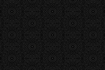 Embossed black background, ethnic cover design. Geometric ornamental unique 3D pattern. Handmade tribal style. Original boho motifs of the East, Asia, India, Mexico, Aztec, Peru.