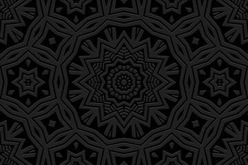 Embossed black background, ethnic cover design. Geometric ornamental vintage 3D pattern. Handmade tribal style. Original boho motifs of the East, Asia, India, Mexico, Aztec, Peru.