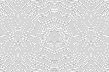 Embossed white background, ethnic cover design. Geometric ornamental minimalist 3D pattern. Handmade tribal style. Original boho motifs of the East, Asia, India, Mexico, Aztec, Peru.