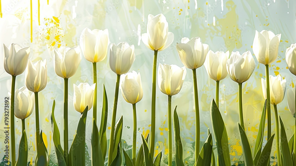 Poster A beautiful backdrop featuring white tulips reaching towards the sunlight with splashes of yellow is perfect for a birthday card Mother s Day or International Women s Day celebration