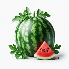 Whole watermelon on white background, striped green watermelon with leaves and ripe juicy slice next to it