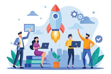 Group of People Standing Around Rocket, project development team to launch a new business, Simple and minimalist flat Vector Illustration