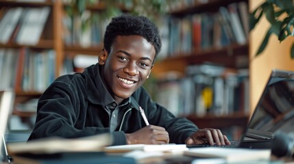 african american student using a laptop with pen and paper to do homework at a home office desk 