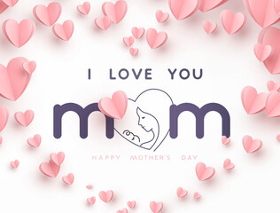 Mother's day postcard. Mum hugs baby continuous one line contour with paper flying hearts on white background. Vector pink symbols of love for mom greeting card design