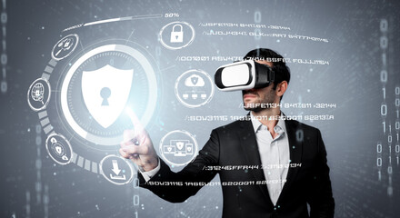 Caucasian project manager wearing VR glasses while look at hologram of security system. Smart businessman using visual reality goggle while connect metaverse plan and access privacy code. Deviation.