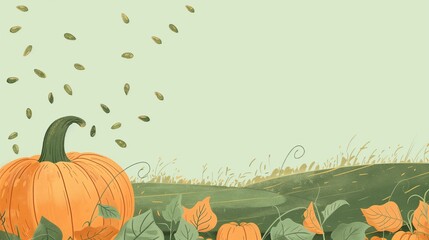 Autumn illustration pumpkins and seeds. light green background. Top pumpkin seeds falling.