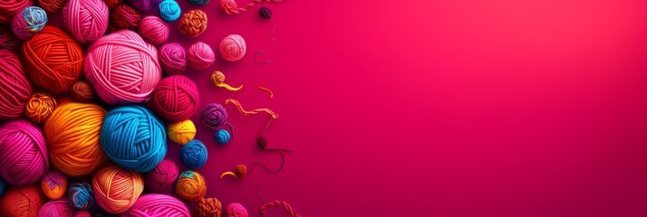 Banner of balls of bright colorful knitting thread on bright pink background with space for text, handicraft and creativity theme