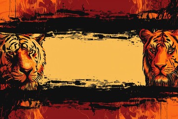 Pensive sad tigers on disturbing orange background with space for text, problem of extinction of rare animals on planet
