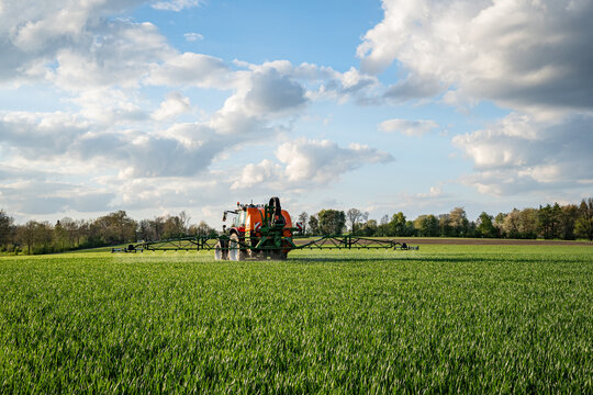 Getreideanbau - roter Traktor mit angebauter Feldspritze bei einer Pflanzenschutzma&szlig;nahme im Getreidefeld.