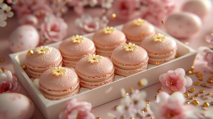 Obraz na płótnie Canvas A white box holding pink macaroni and cheese topped with pink frosting and golden sprinkles