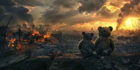 teddy bear against of a destroyed city Generative AI - obrazy, fototapety, plakaty