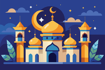 A mosque featuring crescent and stars symbols prominently displayed, Ramadan kareem background, welcome ramadan, Simple and minimalist flat Vector Illustration