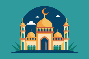 Fototapeta premium A mosque featuring a crescent on top, symbolic of Islamic faith and architecture, ramadhan, Simple and minimalist flat Vector Illustration