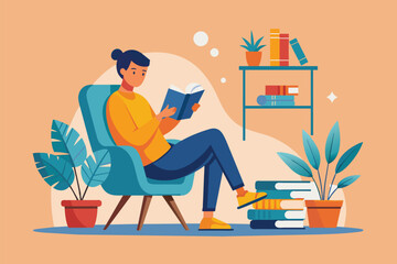 A man sitting in a chair, engrossed in reading a book, Reading a book in a chair, Simple and minimalist flat Vector Illustration